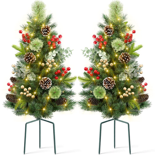 Ayieyill  Set of 2 29in Outdoor Pathway Christmas Trees,  Holiday Decor for Driveway, Yard, Garden w/LED Lights, Berries, Pine Cones, Ornaments
