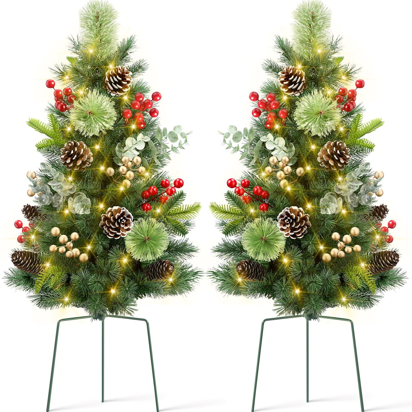 Ayieyill Set of 2 30in Pre-Lit Outdoor Pathway Christmas Trees Decor w/ Berries | Pine Cones | LED Lights for Porch, Yard, Garden