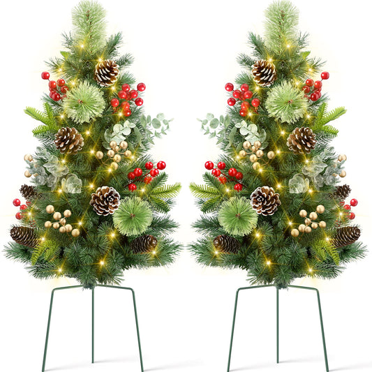 Ayieyill Set of 2 30in Pre-Lit Outdoor Pathway Christmas Trees Decor w/ Berries | Pine Cones | LED Lights for Porch, Yard, Garden