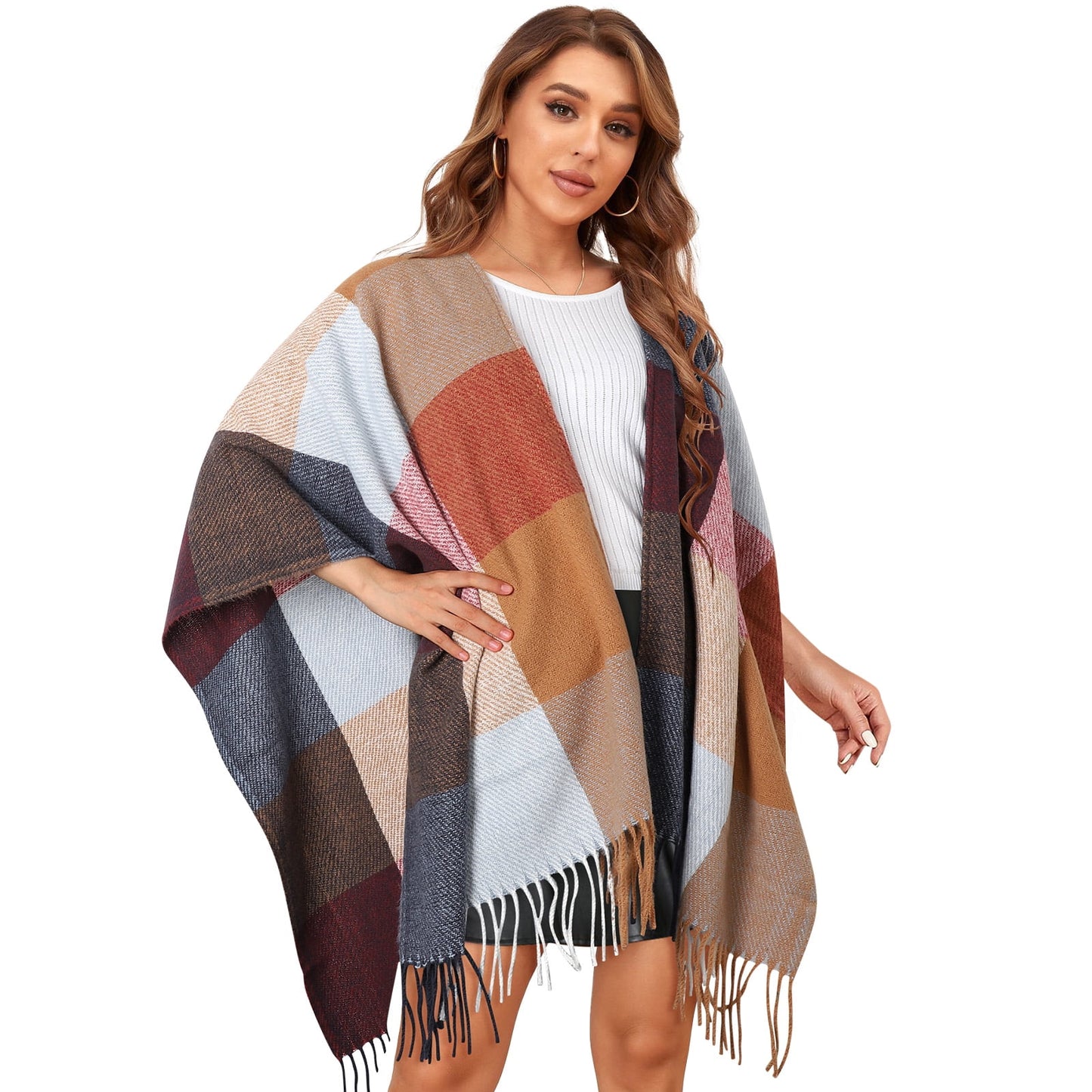 Ayieyill Shawl Wraps for Women Women's Poncho Open Front Boho Knitted Plaid Blanket Scarf Cape