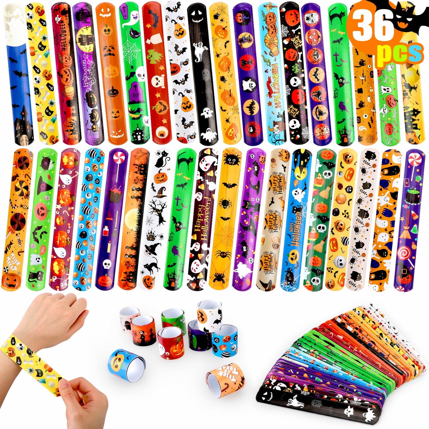Ayieyill 36 PCS Halloween Slap Bracelets for Kids, Halloween Bracelets Bulk for Girls Boys, Kids Halloween Toys for Halloween Party Favors