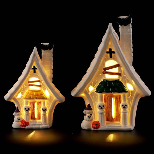 Ayieyll 2Pcs Pre-Lit Ceramic Halloween Village Halloween Haunted House White Village Houses with Skulls & LED & Bats for Halloween Table Decorations