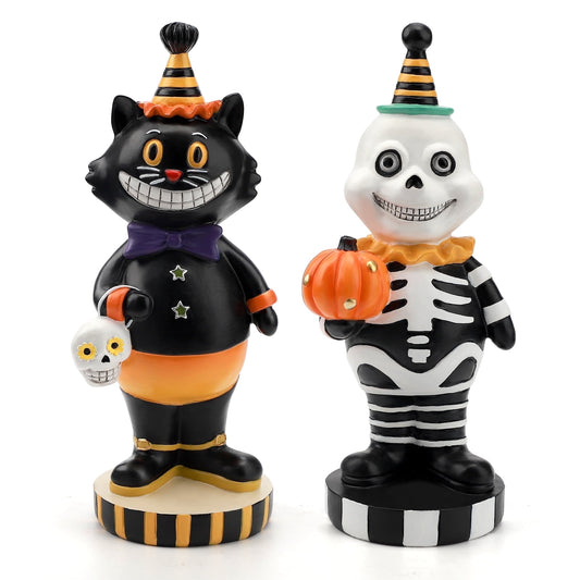Ayieyill 2pcs Halloween Cat and Skeleton Figurines Halloween Decorations for Table or Desk Cute Halloween Gifts