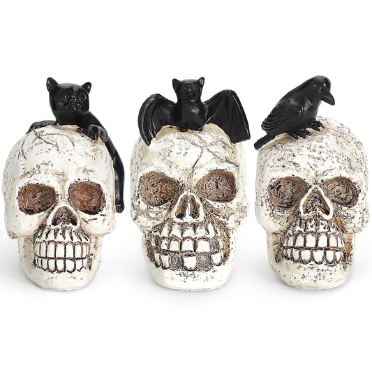 Ayieyill 3pcs Skull Halloween Decorations Indoor Skull Decor Halloween Figurines Cat Bat Raven Skulls Halloween Decor
