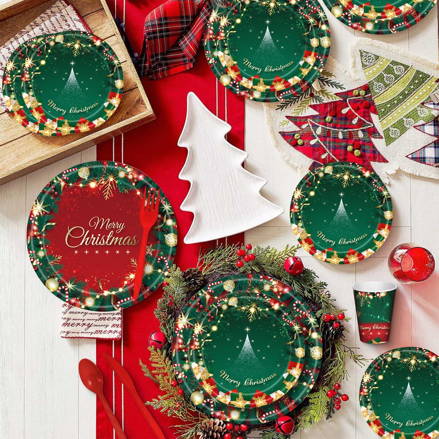 Ayieyill 170Pcs Christmas Party Supplies, Christmas Disposable Dinnerware Set for 24 Guests, Merry Christmas Theme Holiday Tableware Decorations Kit