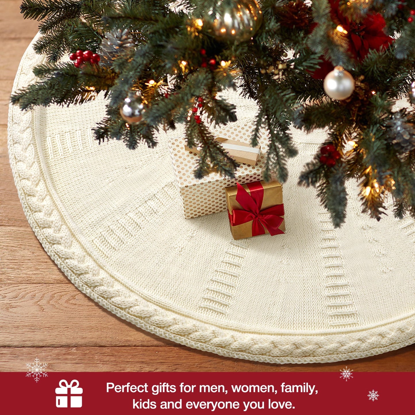 Ayieyill Christmas Tree Skirt, 48 inches White Tree Skirt Luxury Cable Knit Knitted Thick Rustic Xmas Tree Skirt Christmas Decoration, Cream
