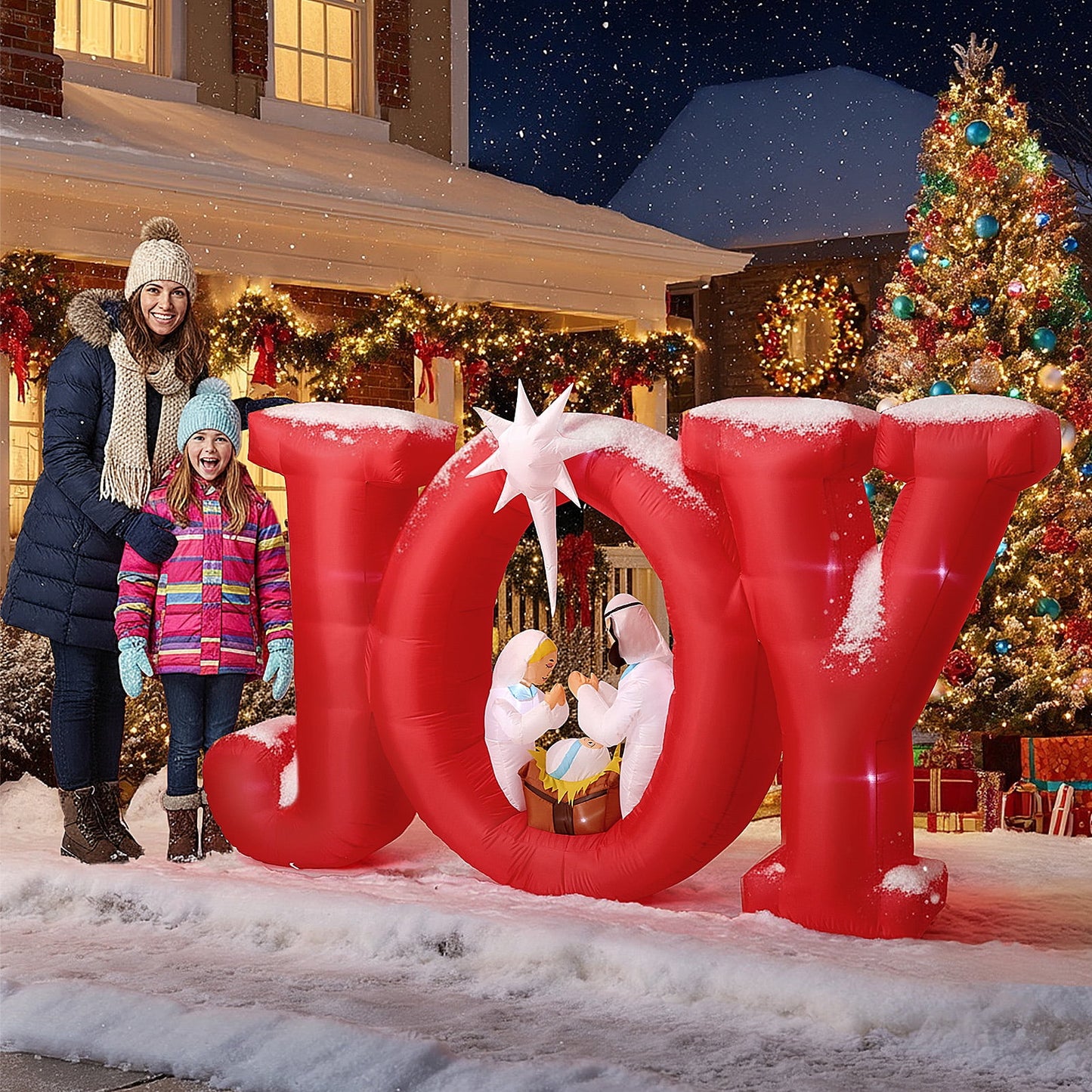 Ayieyill 8FT Inflatables Christmas Outdoor Decoration, Joy Christmas Nativity Decoration with LED, Christmas Blow up Yard Decorations- Red/White