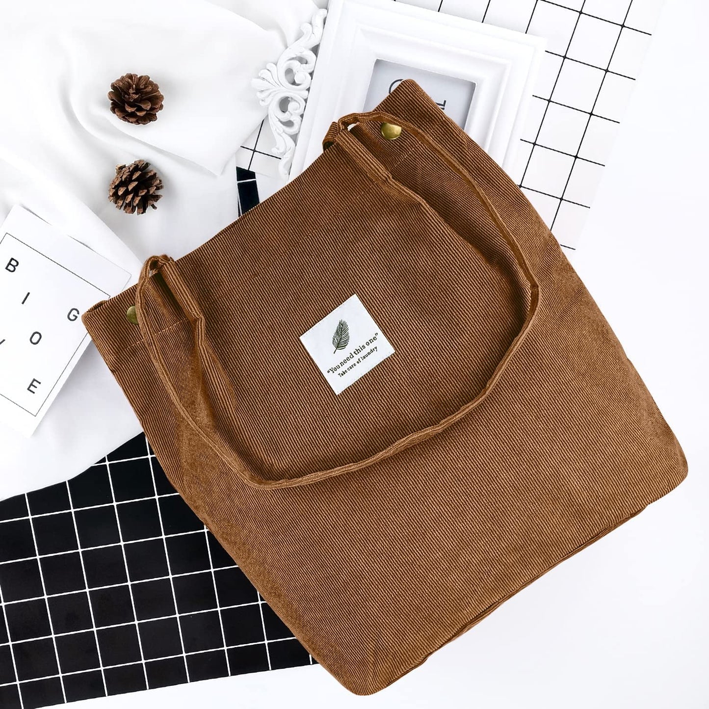 Ayieyill Corduroy Tote Bag Large for Women Girl Lady Canvas Shoulder Cord Purse and Handbags with Inner Pocket