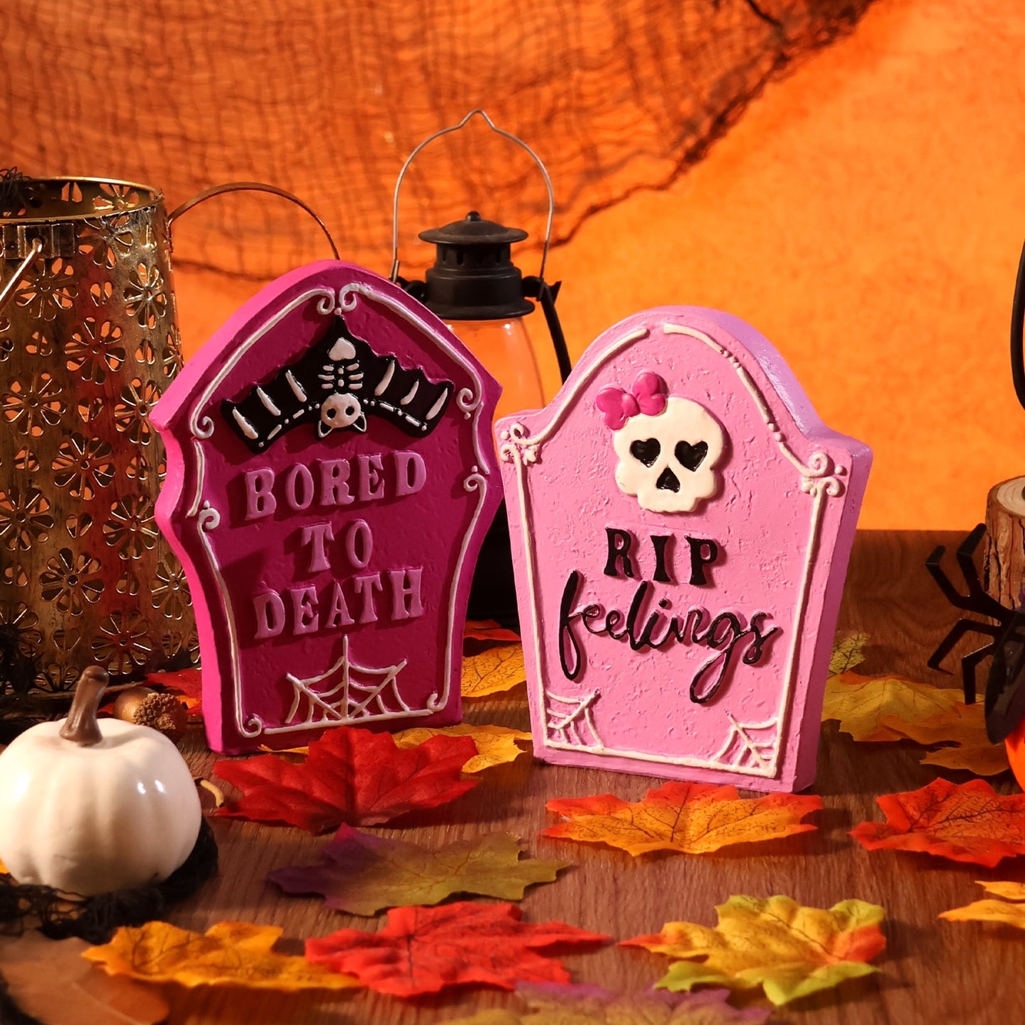 Ayieyill 2pcs Halloween Tombstones Decorations Halloween Figurines Halloween Decorations Indoor, Halloween Gift, Pink