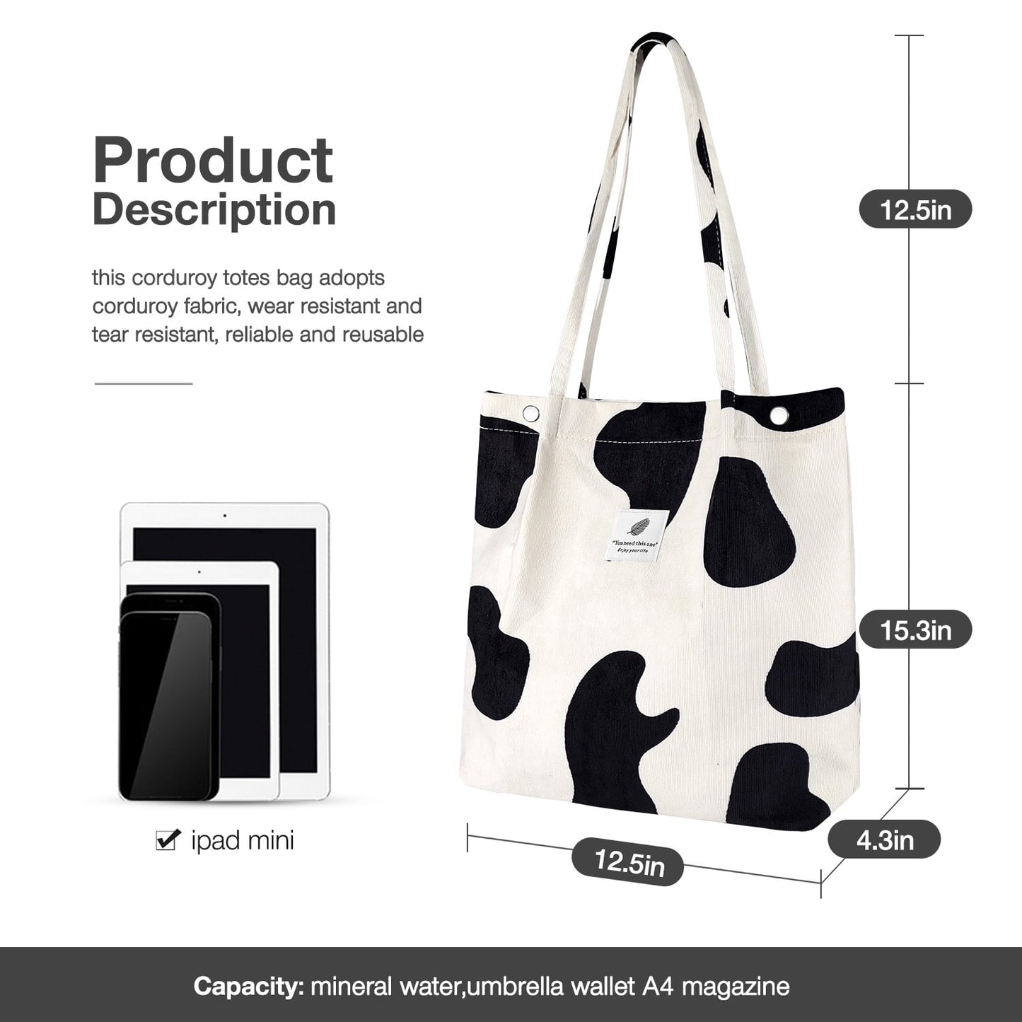 Ayieyill Corduroy Tote Bag Large for Women Girl Lady Canvas Shoulder Cord Purse and Handbags with Inner Pocket