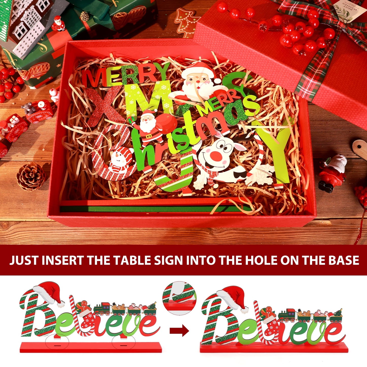 Ayieyill 6 Christmas Table Decorations Signs, Merry Wooden Christmas Table Decor Holidays Centerpiece
