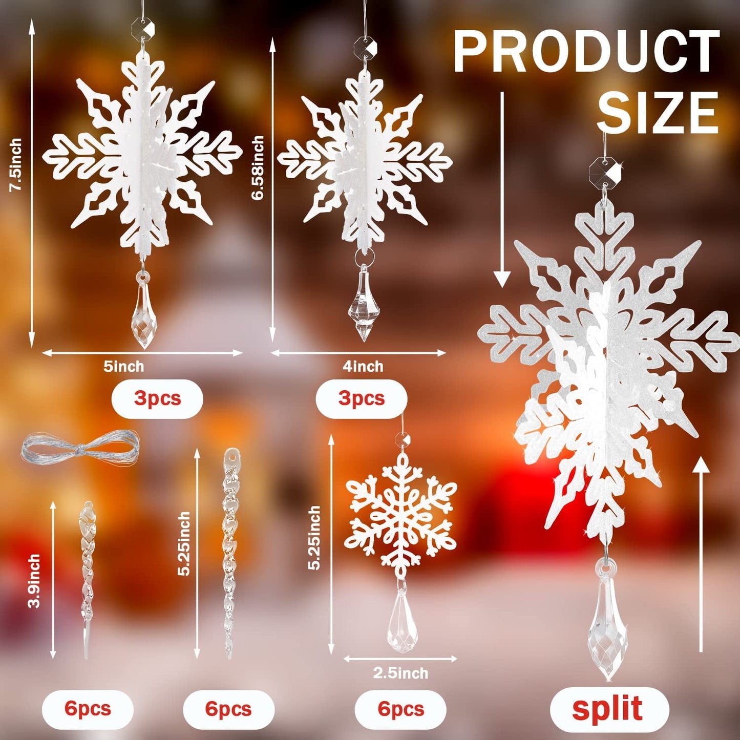Ayieyill 24 Pieces Christmas Snowflake Drop Ornament Acrylic Icicle Christmas Hanging