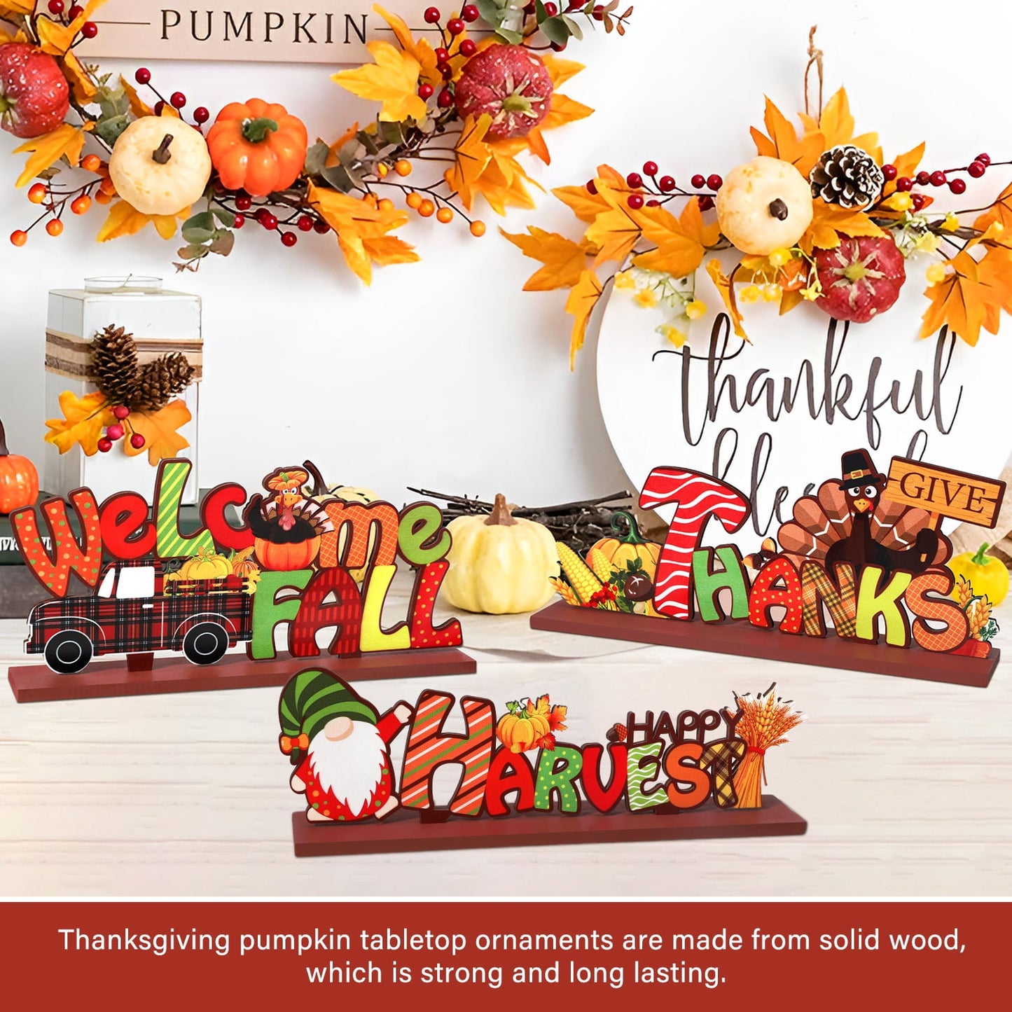 Ayieyill 3pcs Thanksgiving Decorations Indoor, Thanksgiving Table Decor | Turkey Pumpkin | Wooden Signs Decor