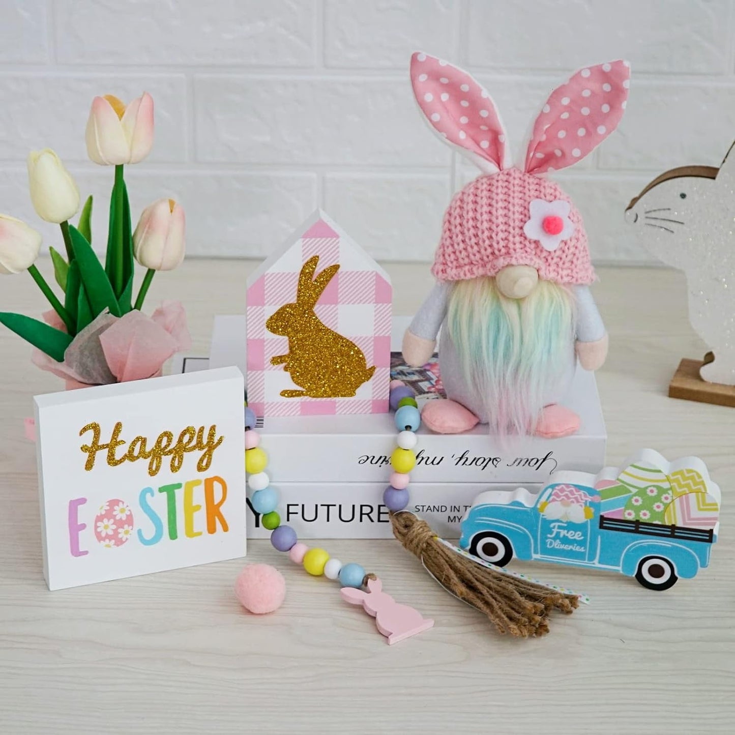 Ayieyill Easter Decorations, Pcs Easter Gnome Tiered Tray Decor, Glitter Easter Wood Signs,  Easter Bunny Gnome Plush
