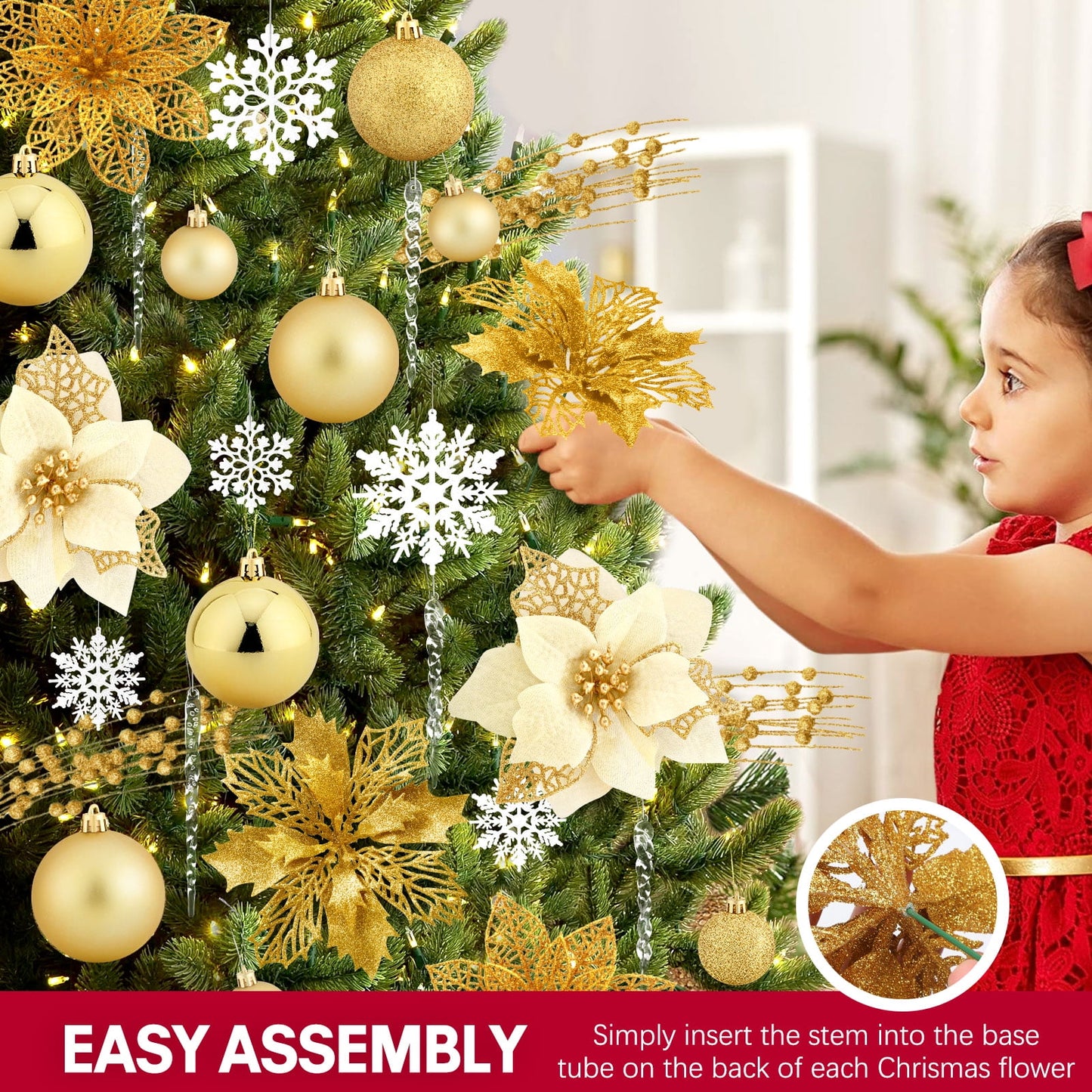 Ayieyill 92Pcs Christmas Tree Decorations Includes Poinsettia Christmas Flowers, Ball Ornaments, Artificial Glitter Berry Stems, Snowflake and Icicle Drop Crystal Ornaments