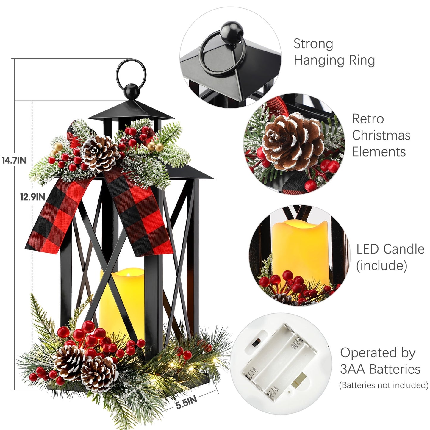 Ayieyill 15" Tall Christmas Lanterns Indoor Outdoor with LED and Ribbon, Hanging Christmas Decortions Candle Lanterns | Bronze