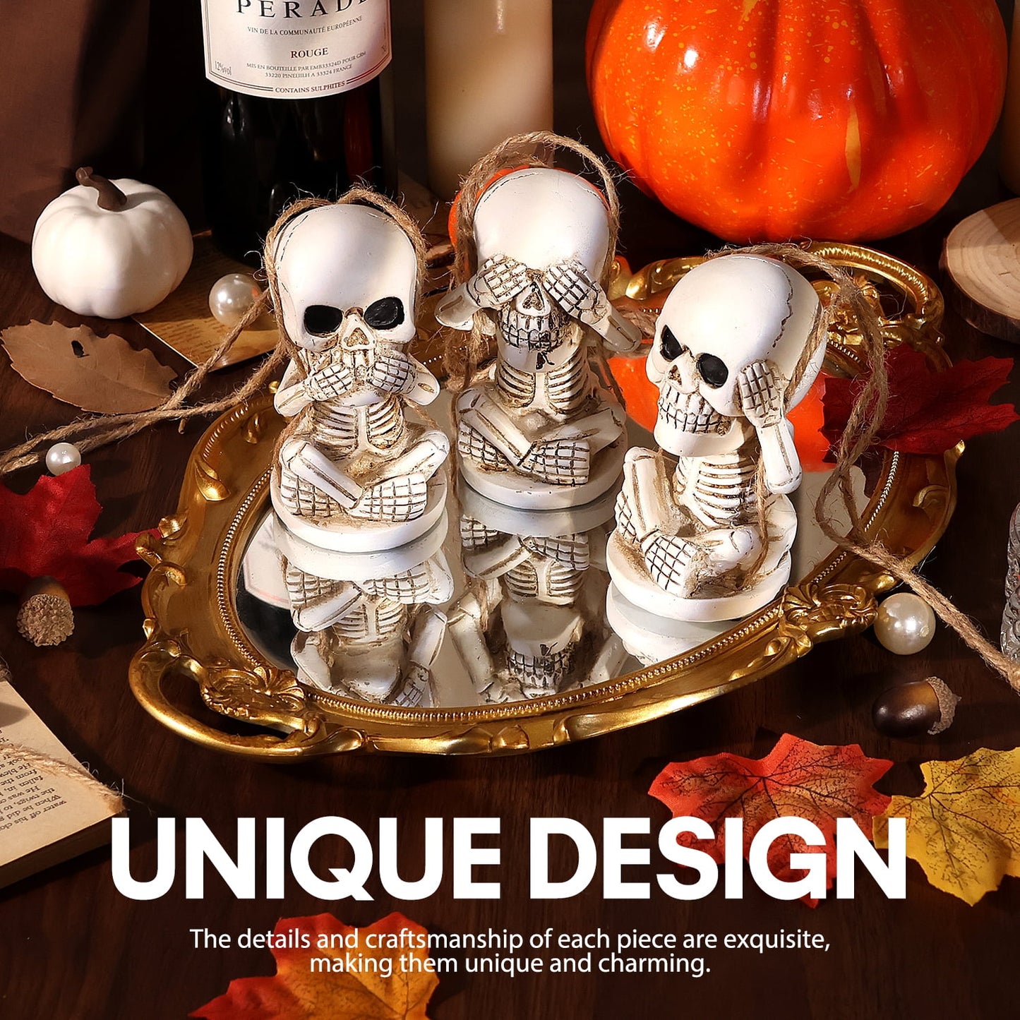 Ayieyill Skeletons Halloween Decorations Set of 3, See Hear Speak No Evil Halloween Skeleton Decor