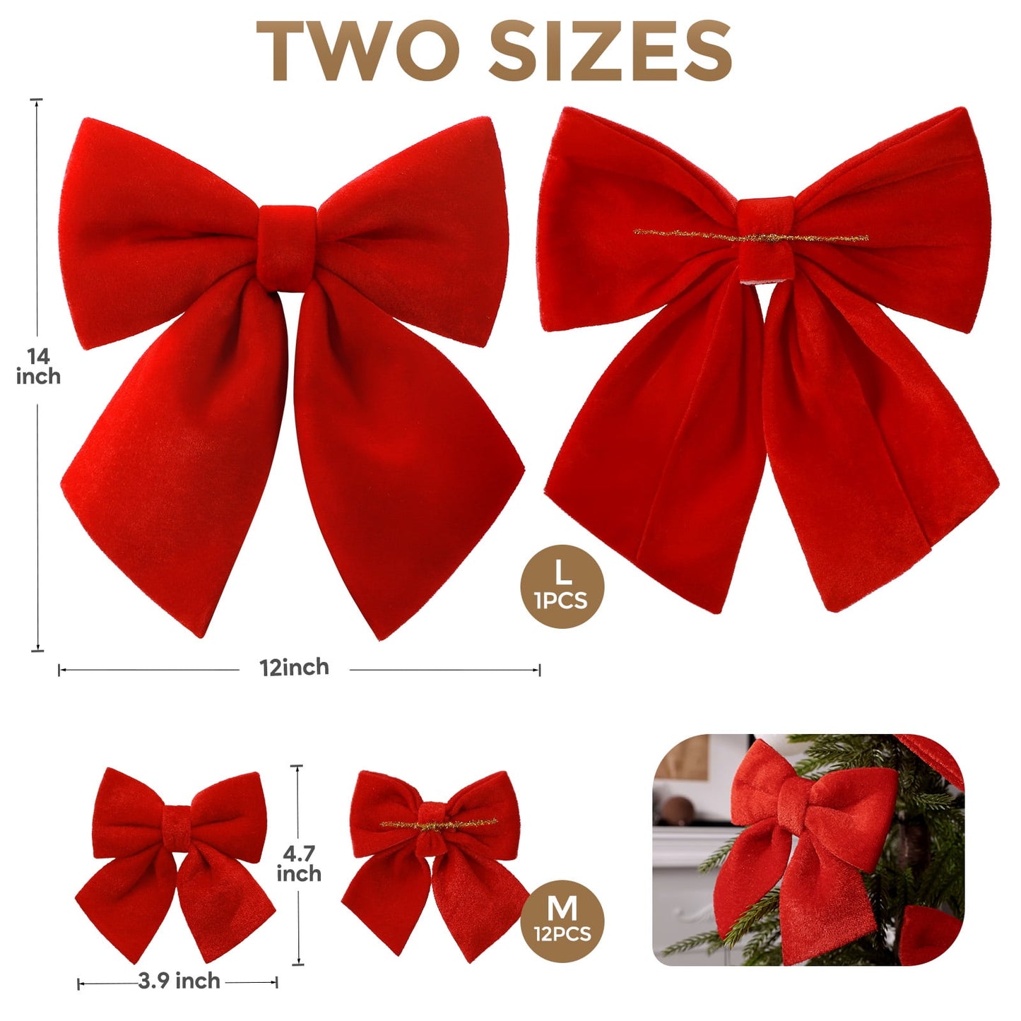 Ayieyill 13 Pack Velvet Red Christmas Tree Bows, Large Christmas Bows for Tree Wreath Stairs Railing Fireplace Indoor Decor
