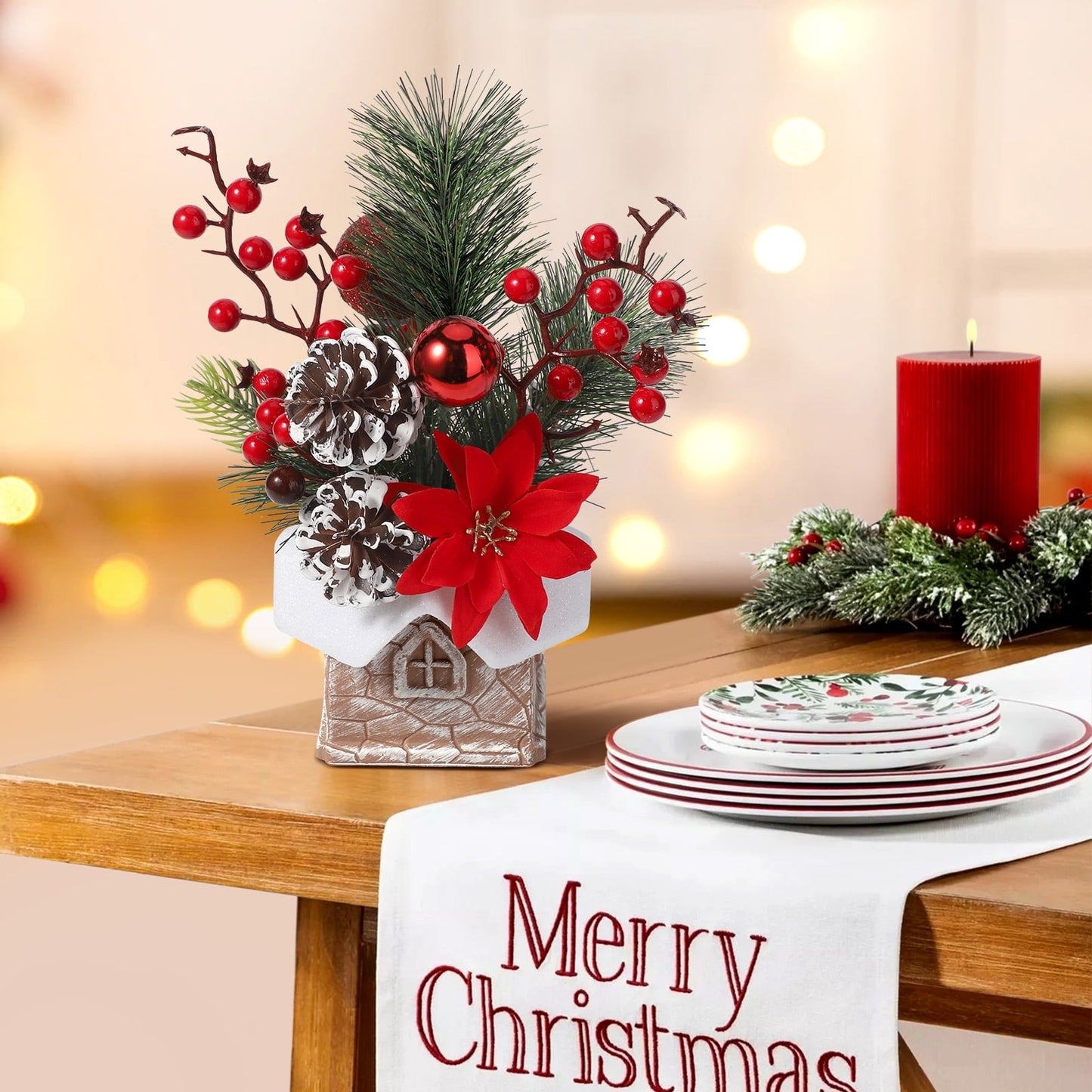 Ayieyill Small Christmas Tree, Artificial Mini Tabletop Christmas Tree Decorations with Christmas Ornaments