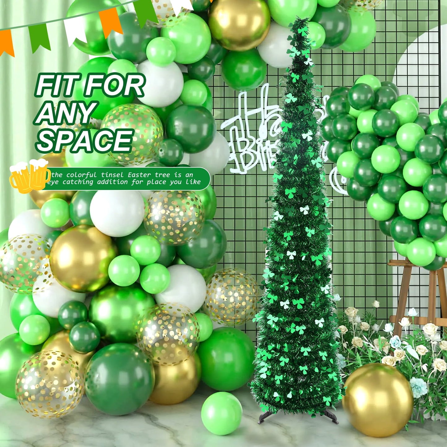 Ayieyill 5 ft St. Patrick's Day Pop up Tree Artificial Green Collapsible Christmas Tree Slim Pencil Tinsel Trees