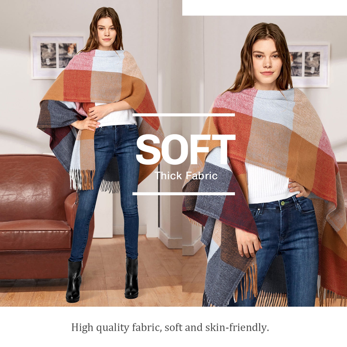 Ayieyill Shawl Wraps for Women Women's Poncho Open Front Boho Knitted Plaid Blanket Scarf Cape
