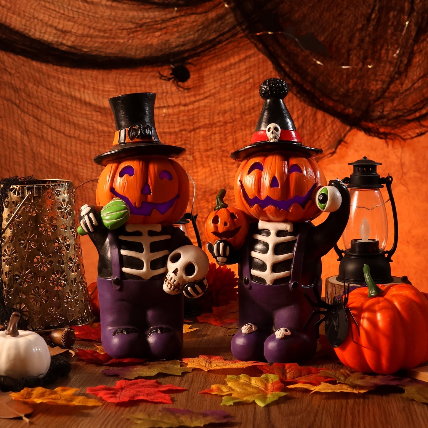 Ayieyill 2pcs Halloween Cat and Skeleton Figurines Halloween Decorations for Table or Desk Cute Halloween Gifts
