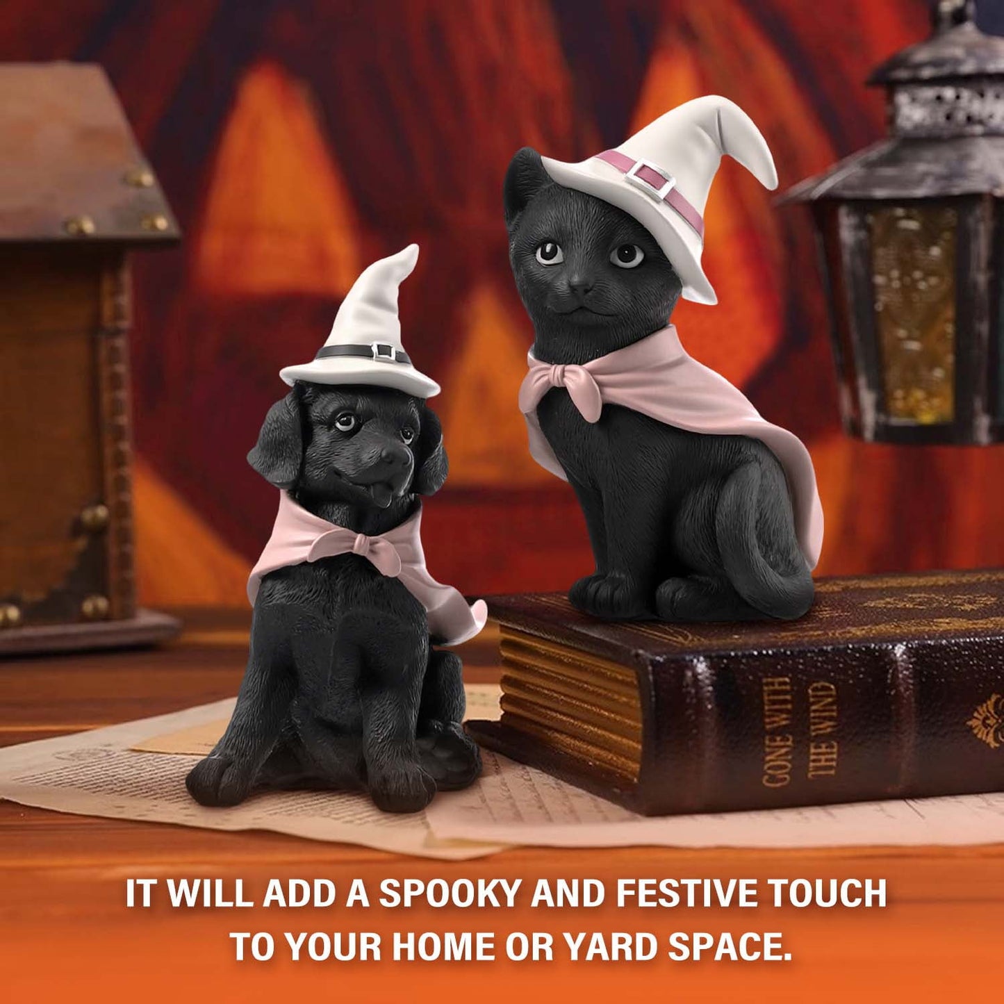 Ayieyill Halloween Figurines Set of 2, Black Cat and Black Dog for Tabletop or Shelf Halloween Decoration Indoor