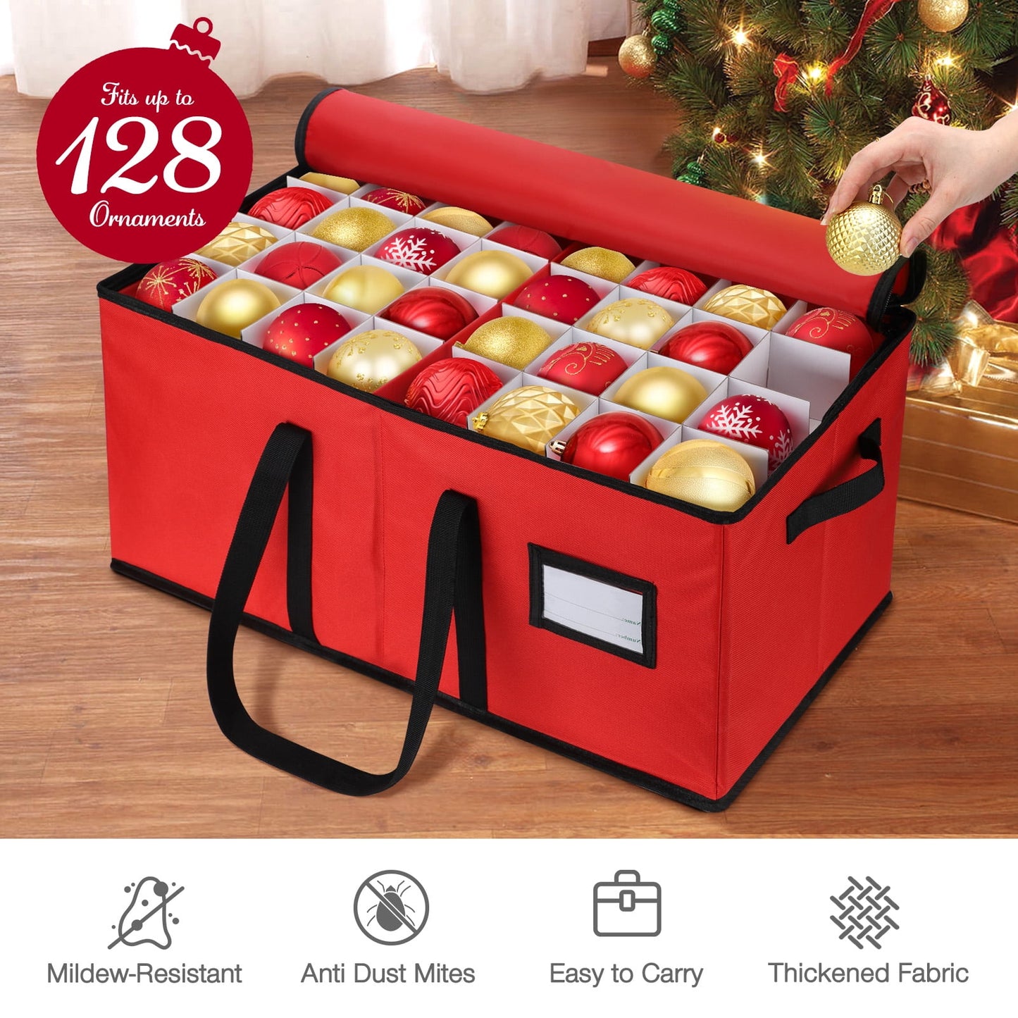 Ayieyill 128-Count Premium Red Christmas Ornament Storage Chest, Holiday Ornament Organizer Box