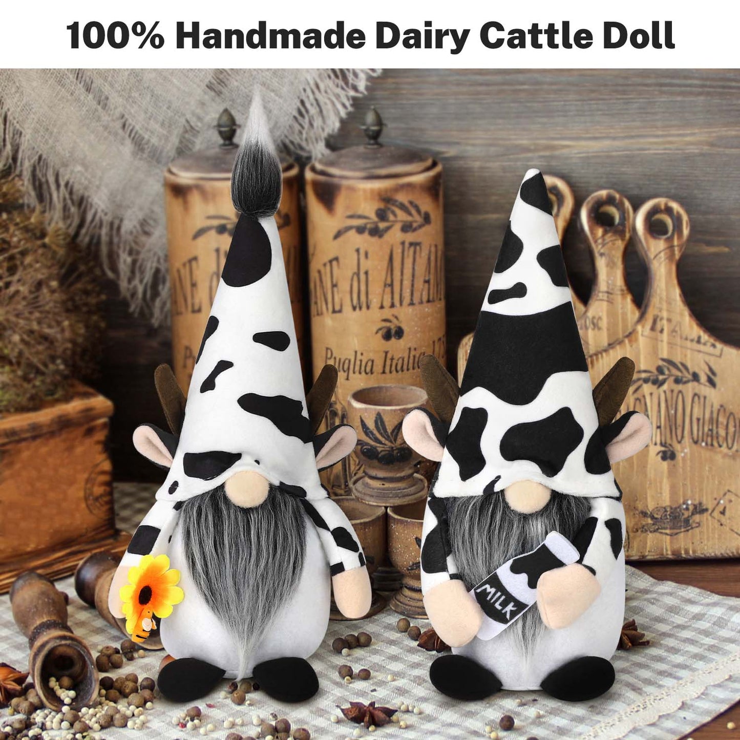 Ayiyeill Farmhouse Cow Swedish Gnomes Gift with Milk Bottle Nodic Plush Dairy Cattle