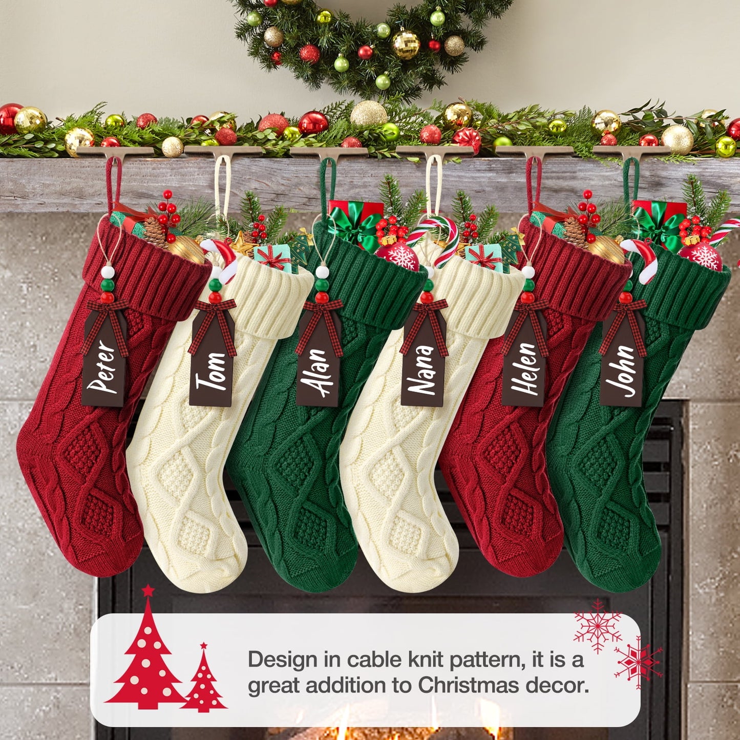 Ayieyill 6Pack Christmas Stockings, 17.7Inches Large Knitted Stocking Personalized Xmas Hanging Stocking Decorations with Name Leather Patches for Holiday Christmas Party Family Decor (Green Red)
