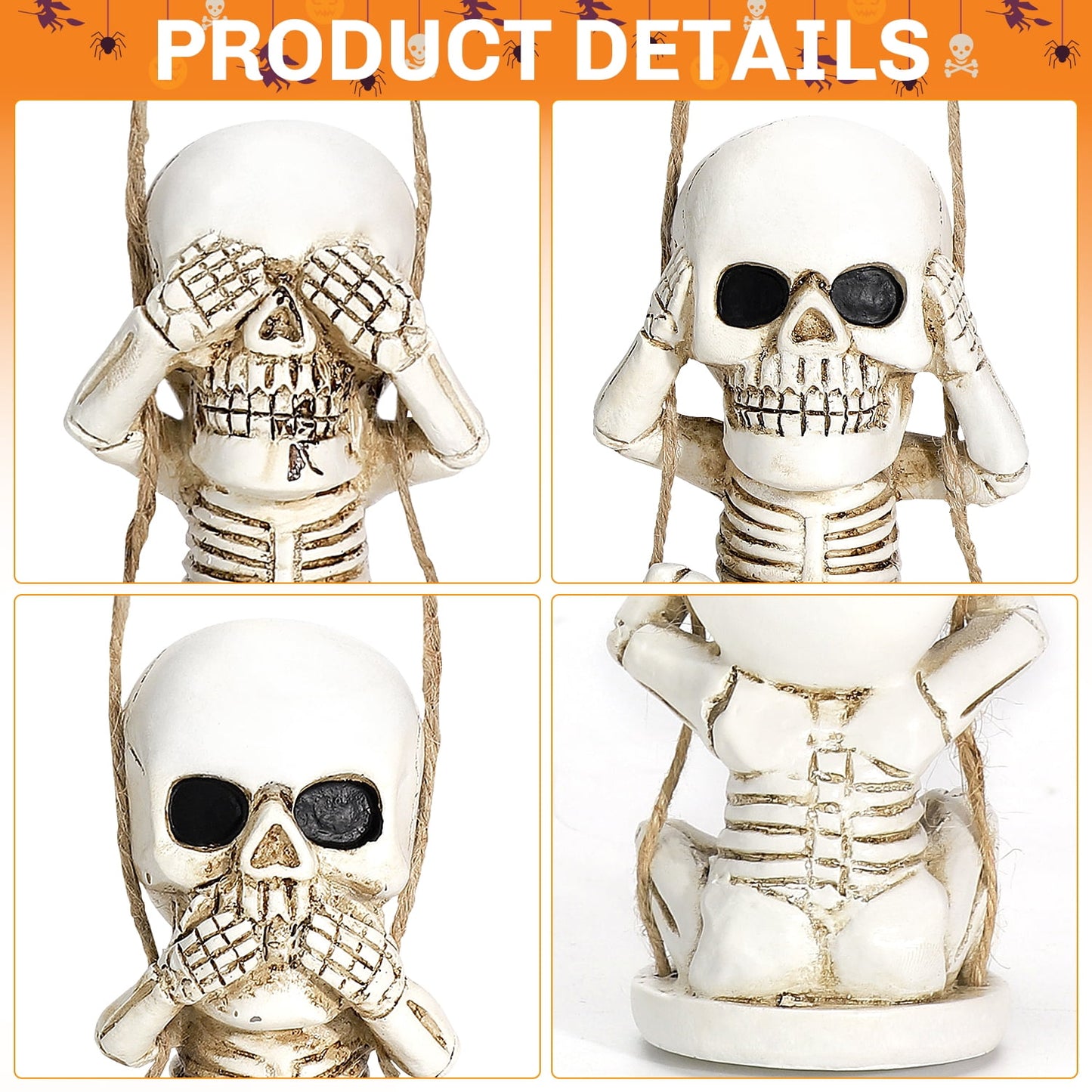 Ayieyill Skeletons Halloween Decorations Set of 3, See Hear Speak No Evil Halloween Skeleton Decor
