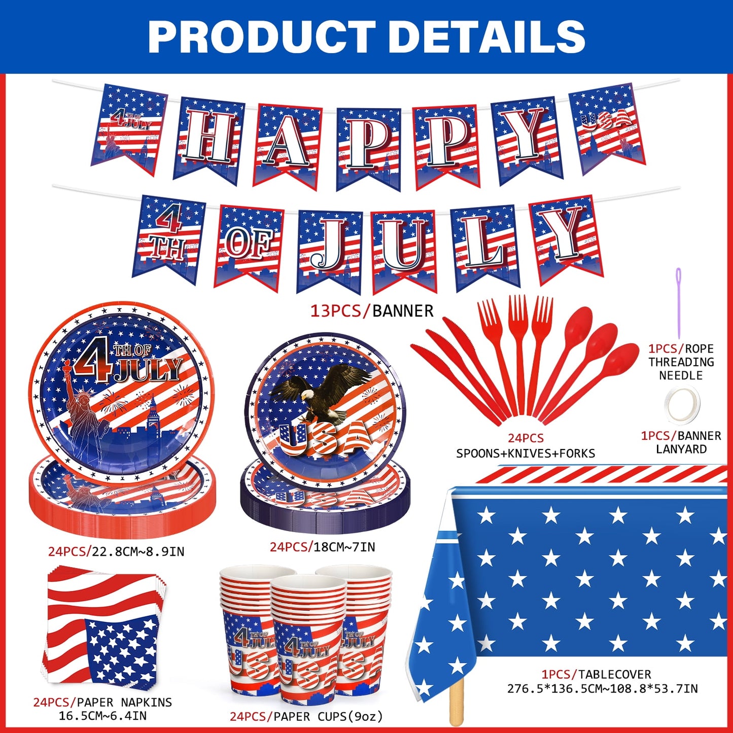 Ayieyill 170Pcs 4th of July Decorations Party Supplies, Fourth of July Decorations, Independence Day Party Serves 24