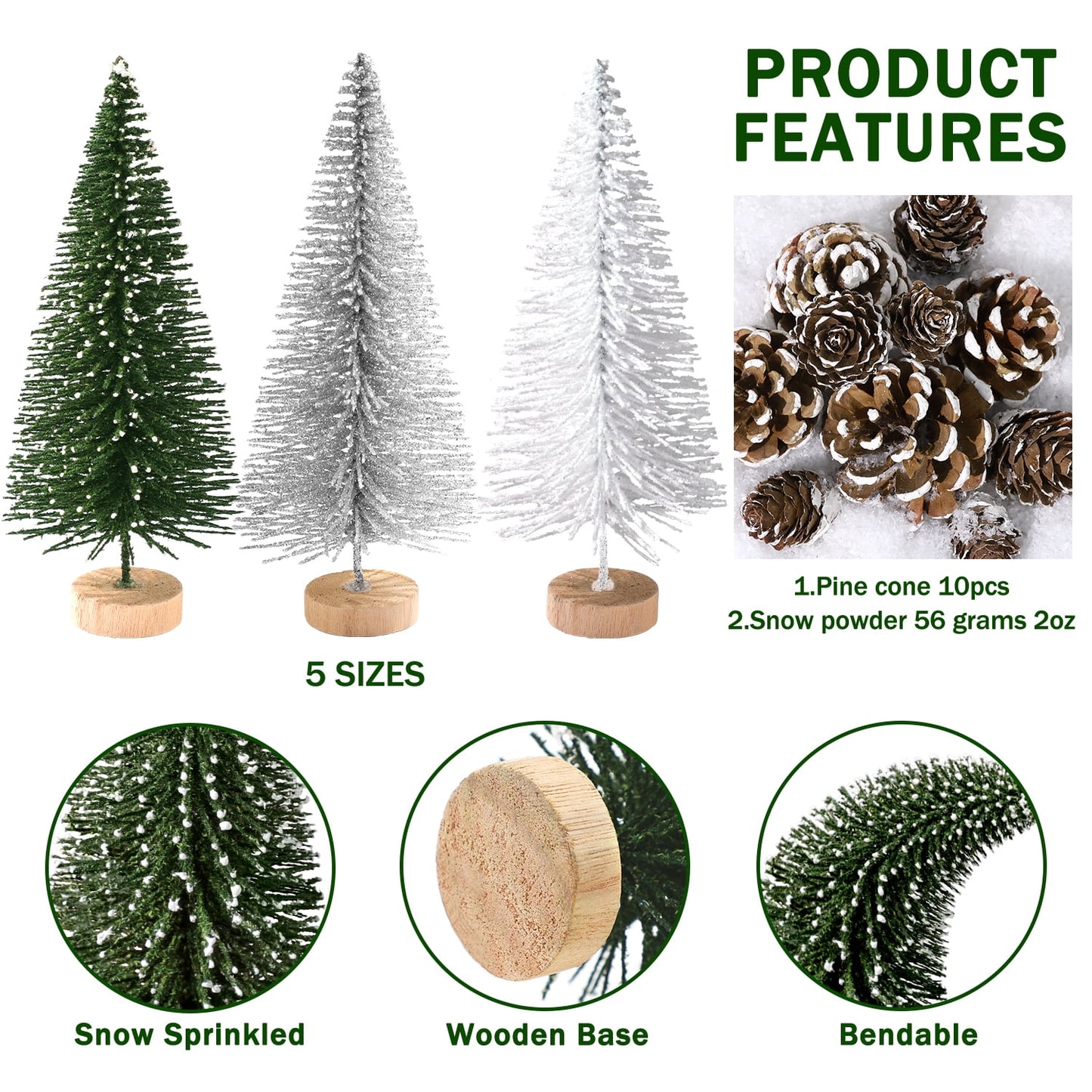 Ayieyill 35Pcs Mini Christmas Trees Bottle Brush Trees with Pine Cone Snow Powder, Christmas Village Sets
