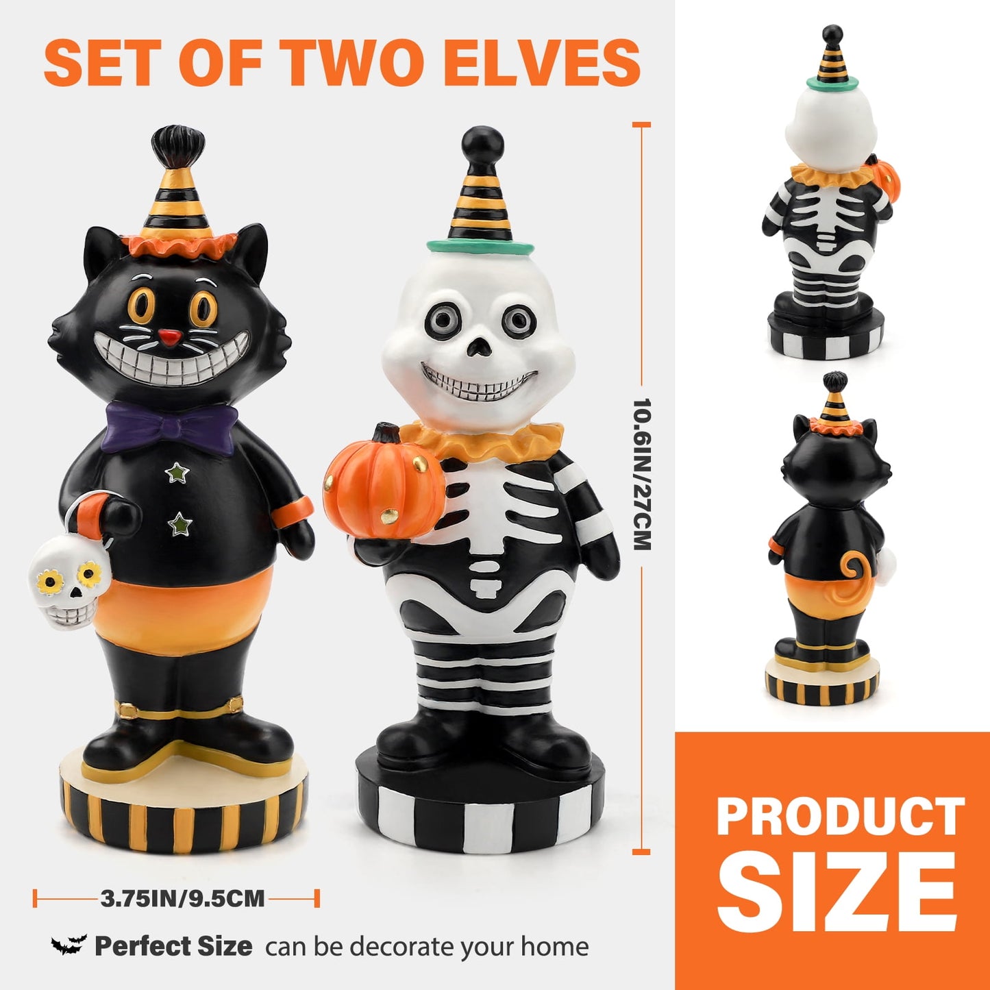 Ayieyill 2pcs Halloween Cat and Skeleton Figurines Halloween Decorations for Table or Desk Cute Halloween Gifts