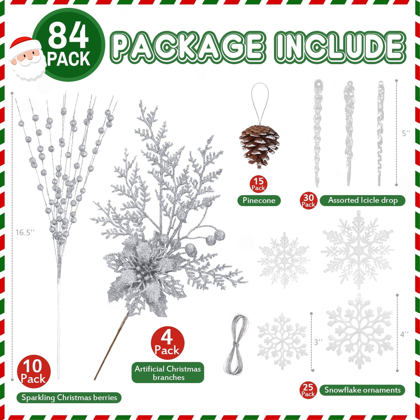 Ayieyill 84Pcs Christmas Tree Decorations Flowers, Artificial Glitter Berry Stems Christmas Pine Cones, Snowflake Icicle Drop Crystal Ornaments