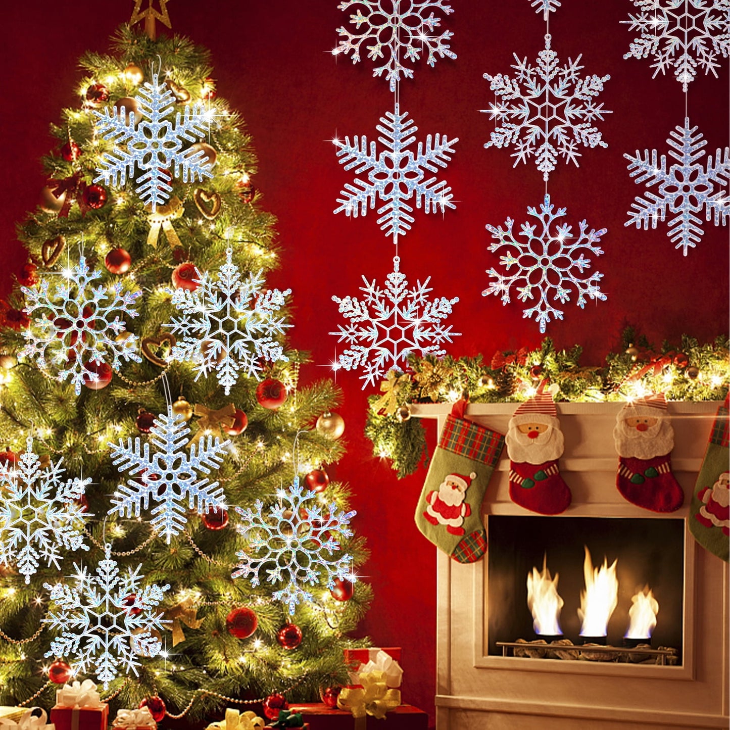 Ayieyill 6pcs Large White Snowflakes Decorations, 12” Big Plastic Glitter Snowflake for Winter Indoor Outdoor Christmas Tree Decorations Giant Craft Snowflakes