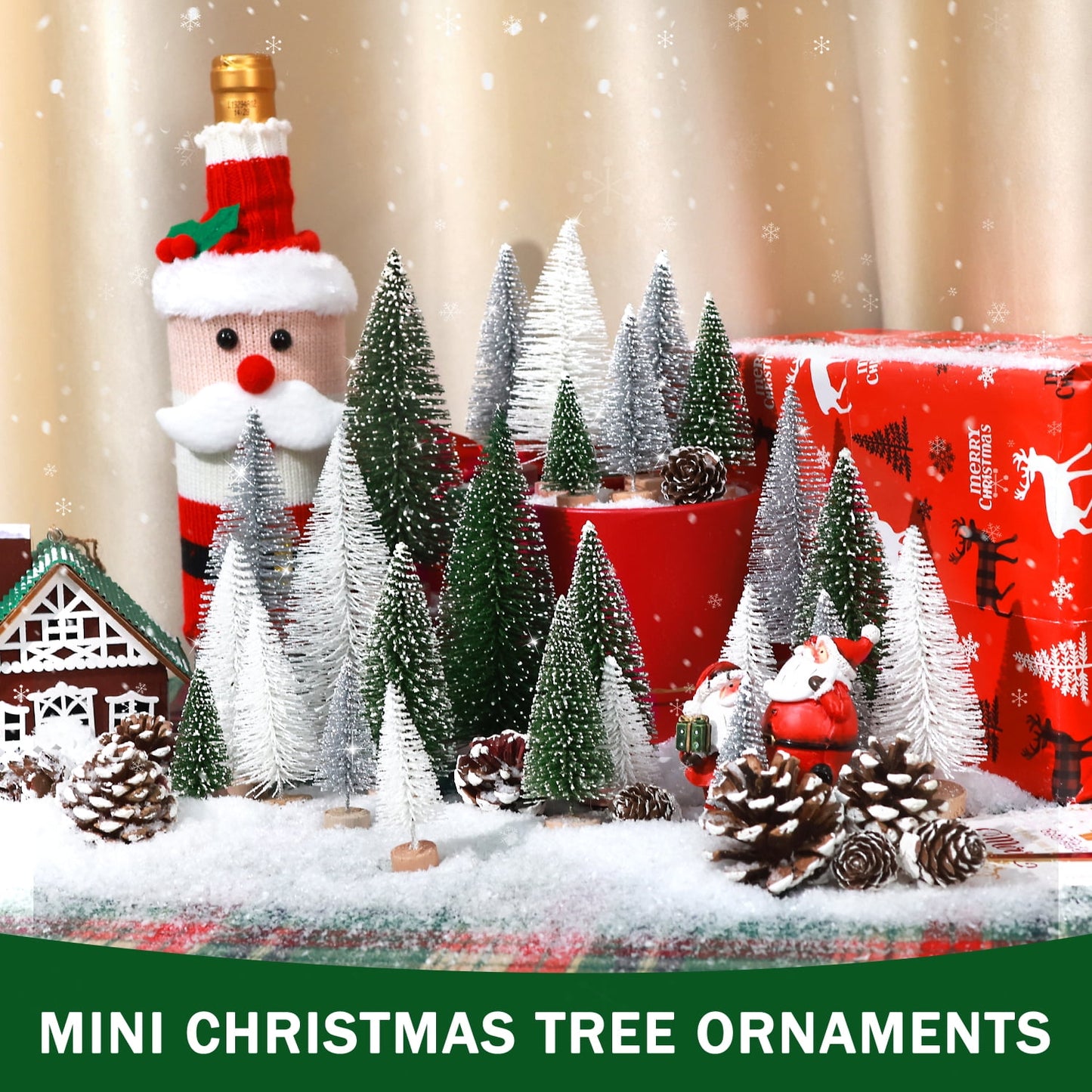 Ayieyill 35Pcs Mini Christmas Trees Bottle Brush Trees with Pine Cone Snow Powder, Christmas Village Sets