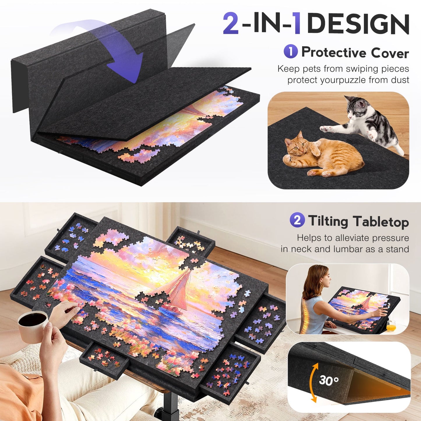 Ayieyill 1000 Piece Rotating Puzzle Board with Drawers and Cover,21"x31"Portable Felt Jigsaw Puzzle Table for Adults Portable,Lazy Susan Spinning Puzzle Boards Birthday Gift for Mom