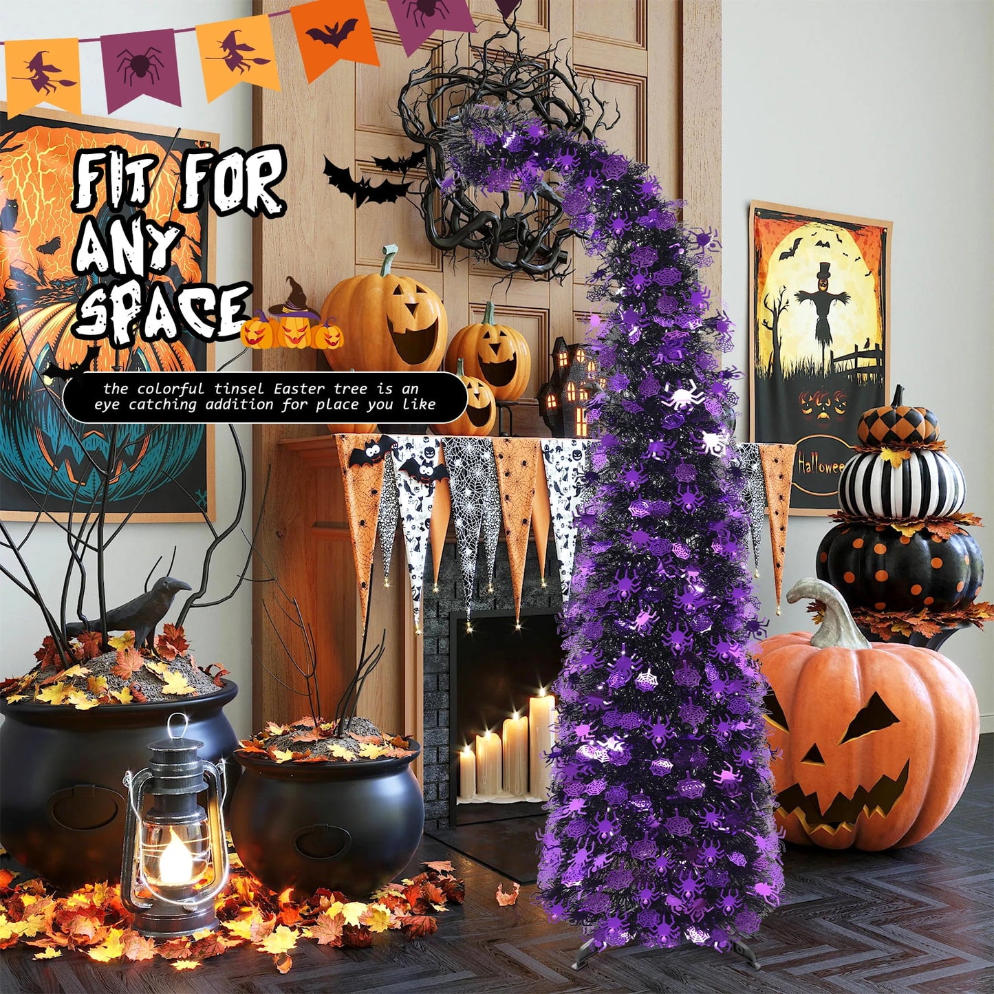 Ayieyill 5ft Halloween Tree Prelit, Pencil Pop up Tree with Light Halloween Decoration | Indoor