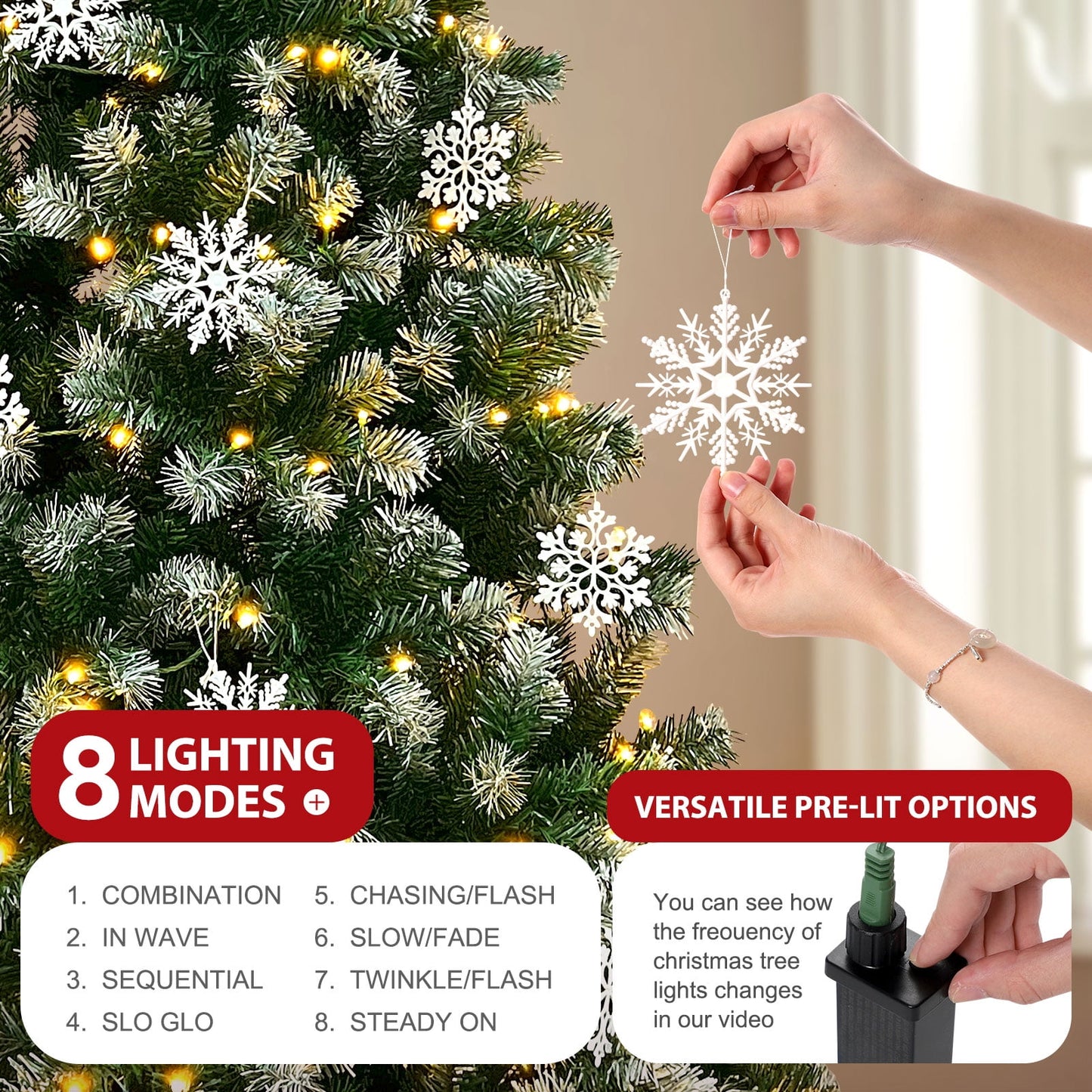 Ayieyill 7.5 ft Pre-Lit Artificial Christmas Tree with 1000 Snow Sprayed Tips 300 LED Lights 36 Snowflakes Ornaments