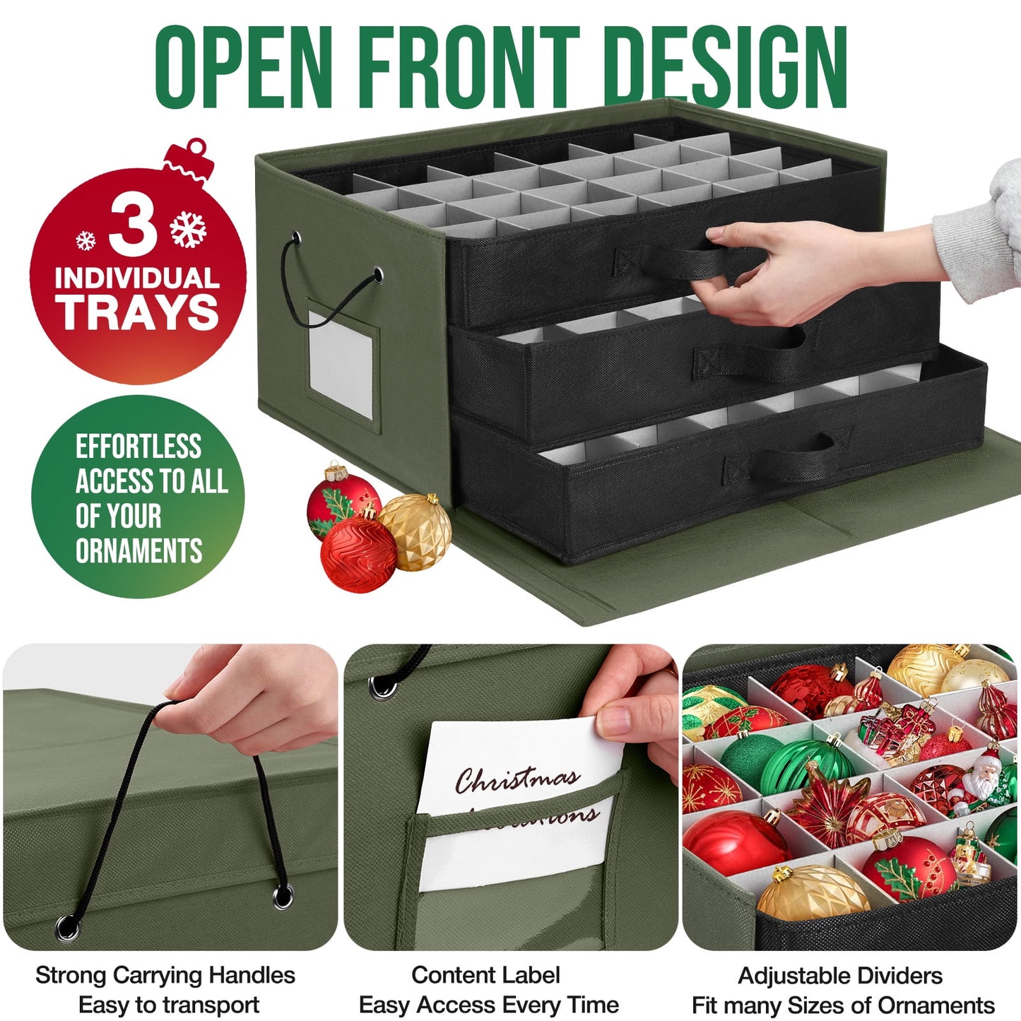 Ayieyill Premium Large Christmas Ornament Storage Box, Christmas Ornament Organizer, with Side Open, 3 Removable Trays - Keeps 72 Holiday Ornaments