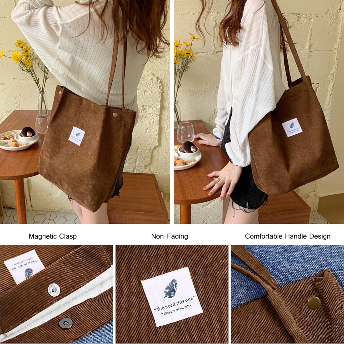 Ayieyill Corduroy Tote Bag Large for Women Girl Lady Canvas Shoulder Cord Purse and Handbags with Inner Pocket
