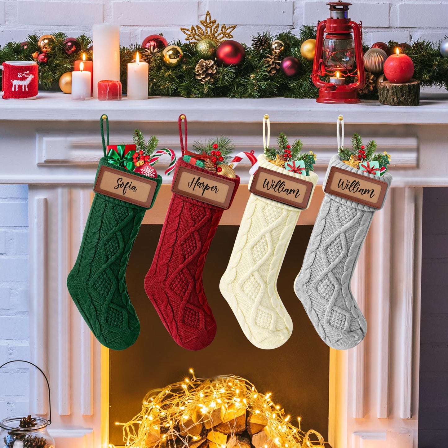 Ayieyill 6Pack Christmas Stockings, 17.7Inches Large Knitted Stocking Personalized Xmas Hanging Stocking Decorations with Name Leather Patches for Holiday Christmas Party Family Decor (Green Red)
