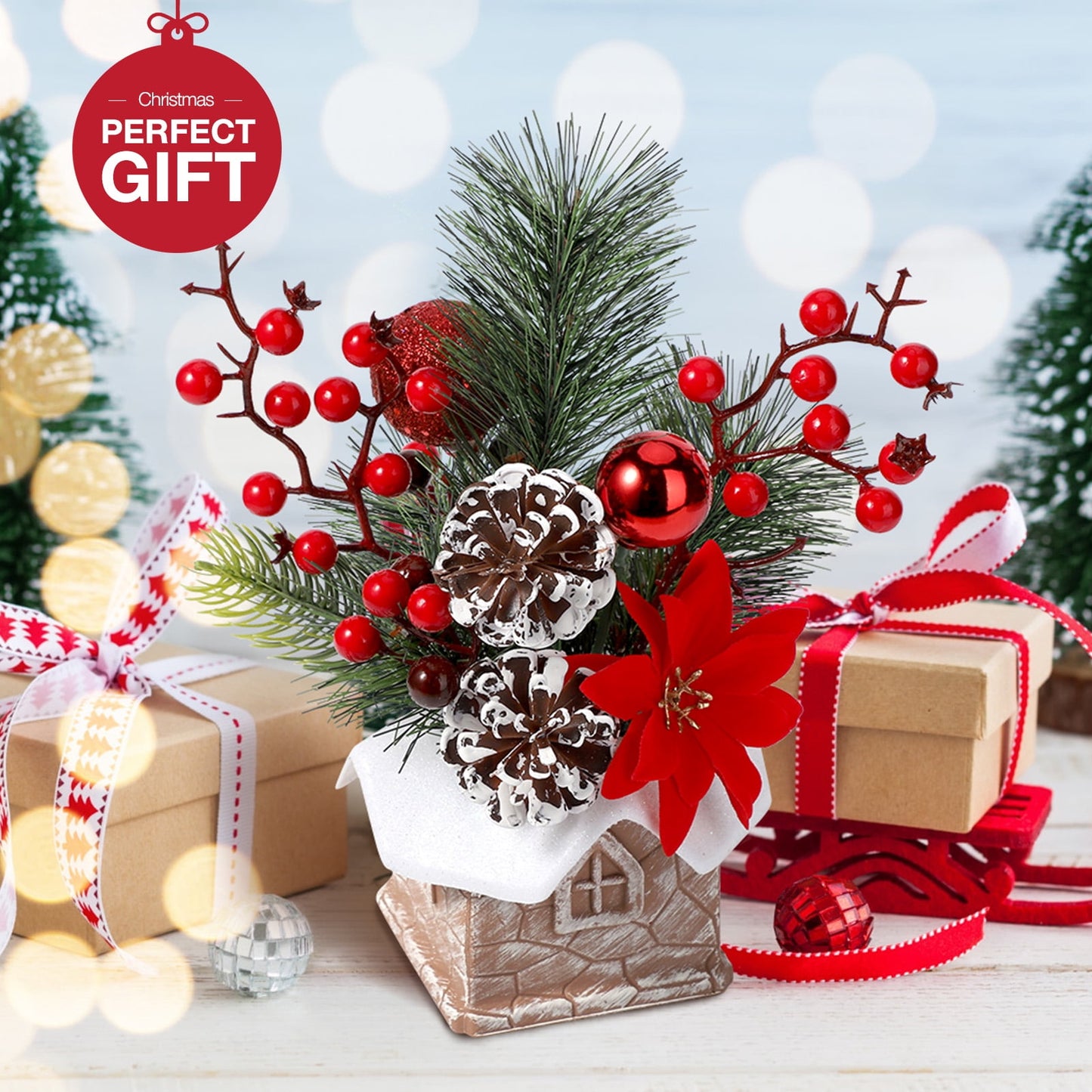 Ayieyill Small Christmas Tree, Artificial Mini Tabletop Christmas Tree Decorations with Christmas Ornaments