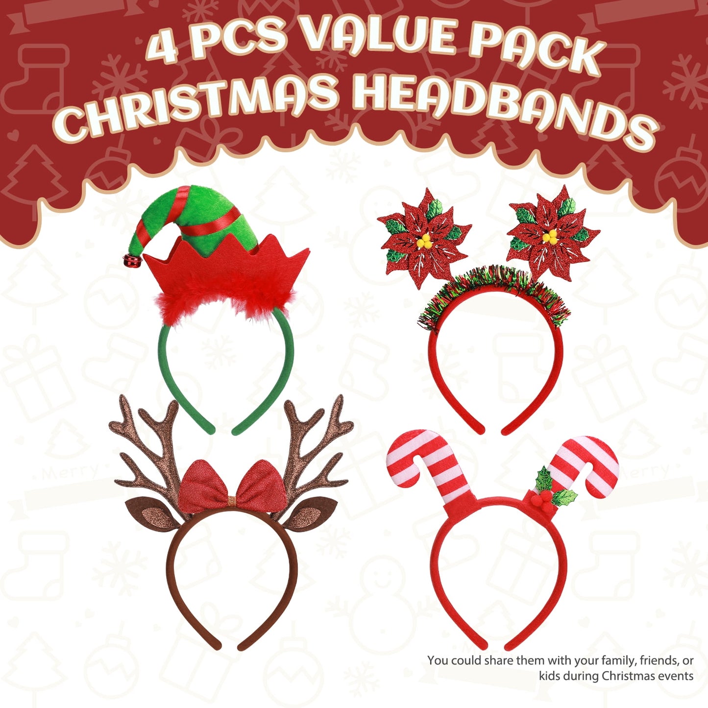 Ayieyill Christmas Headbands 8pcs Holiday Headbands Christmas Hair Accessories Christmas Decorations