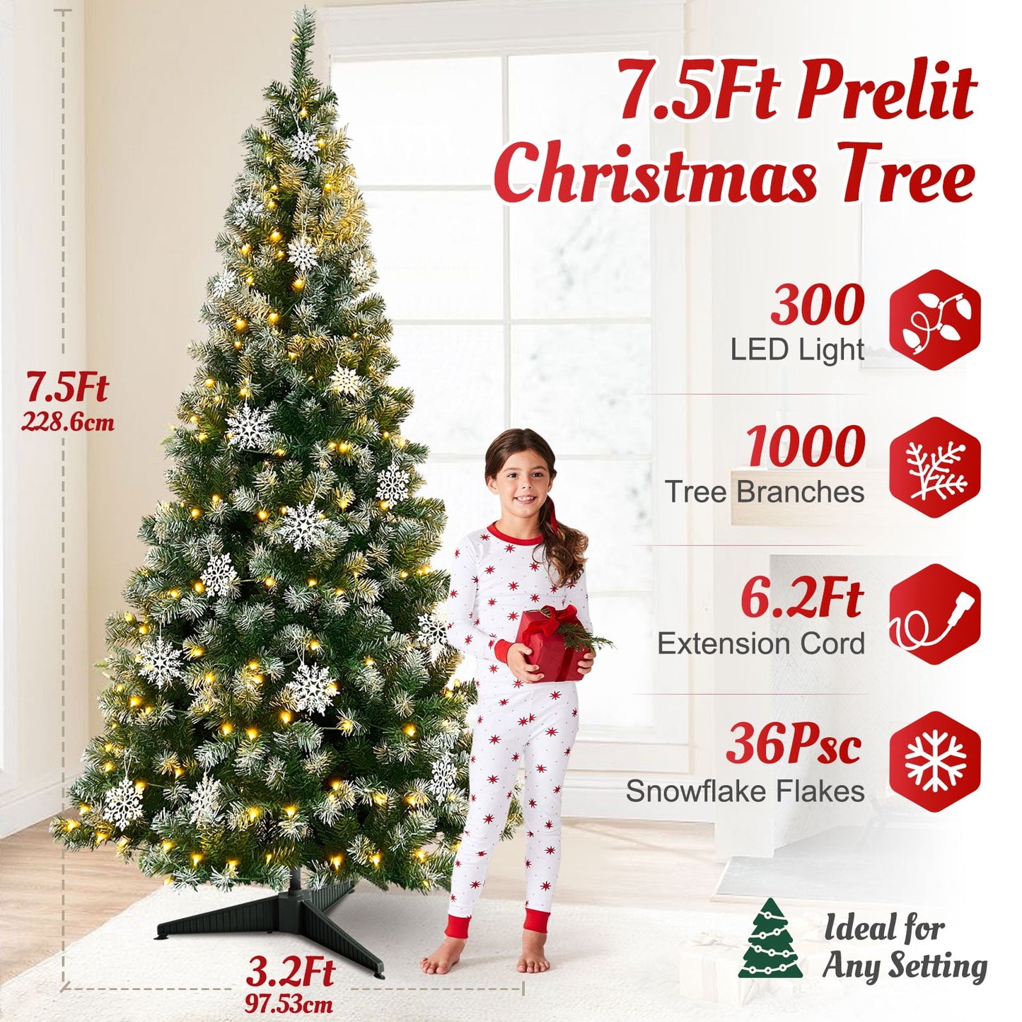 Ayieyill 7.5 ft Pre-Lit Artificial Christmas Tree with 1000 Snow Sprayed Tips 300 LED Lights 36 Snowflakes Ornaments