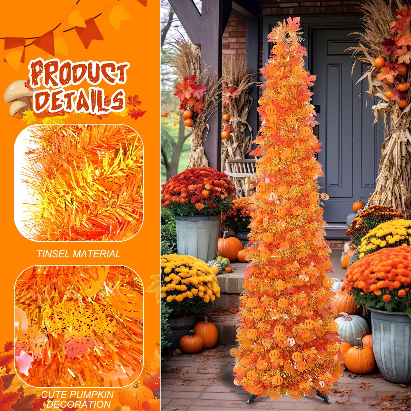 Ayieyill 5Ft Fall Tree Pop up Pencil Tree Collapsible Maple Tree for Indoor Outdoor Thanksgiving Decorations Autumn Harvest