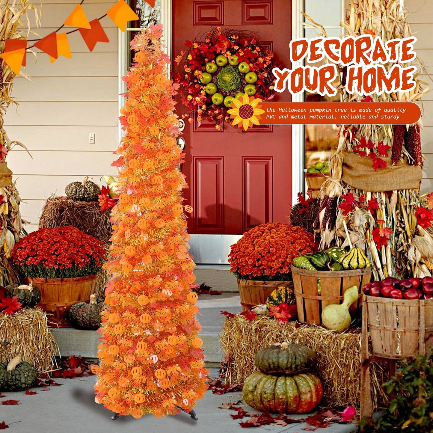 Ayieyill 5Ft Fall Tree Pop up Pencil Tree Collapsible Maple Tree for Indoor Outdoor Thanksgiving Decorations Autumn Harvest