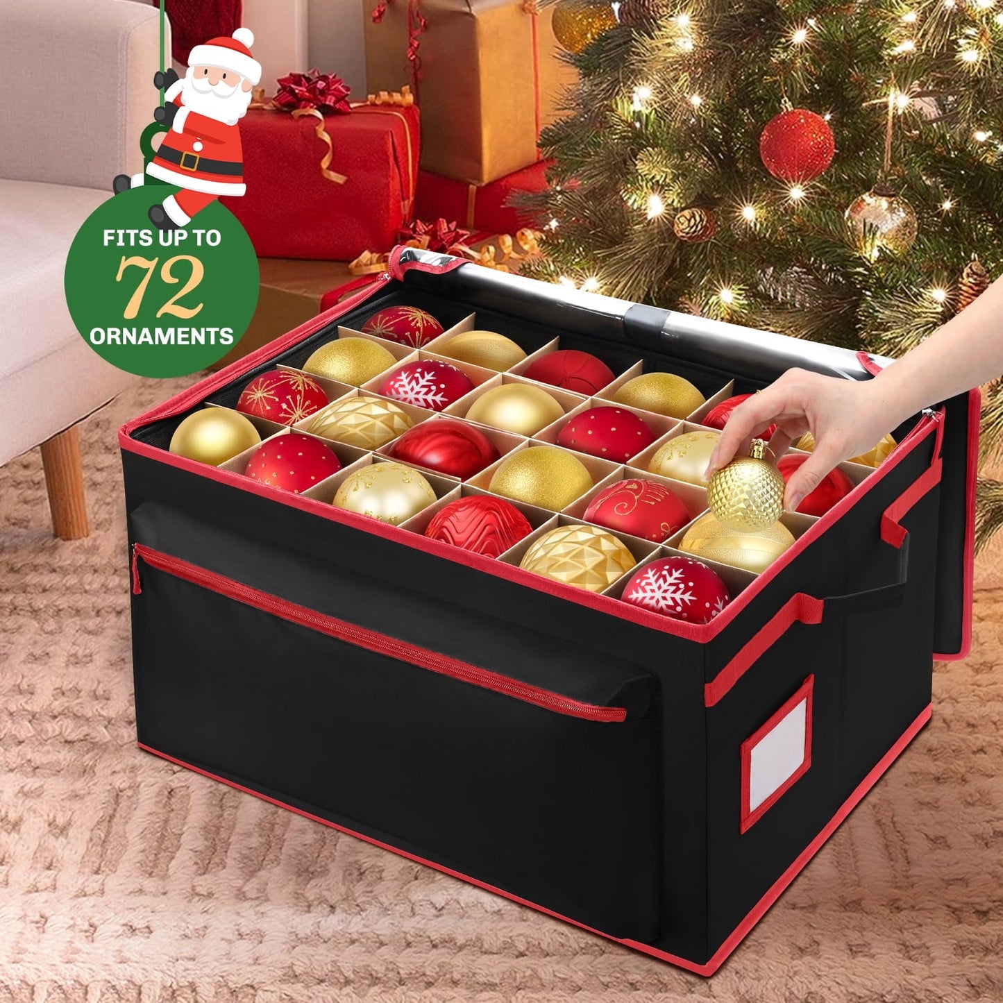 Ayieyill Premium Christmas Ornament Storage Container - Holds Up to 72-4” Ornaments Durable 600D Fabric - Adjustable Dividers - 3 Individual Trays