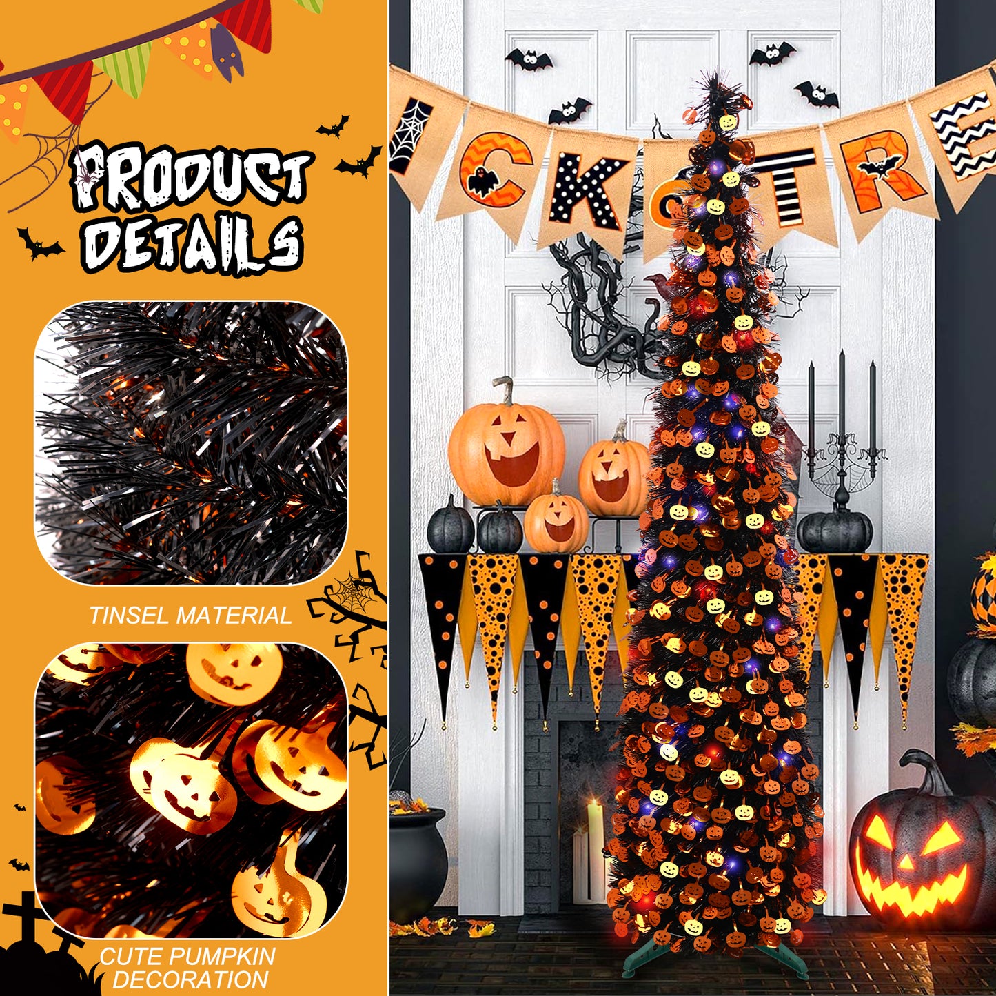 Ayieyill 5ft Halloween Tree, Pencil Tree Halloween Decoration, Pop up Halloween Tree with 50 LED Light | Indoor | Black